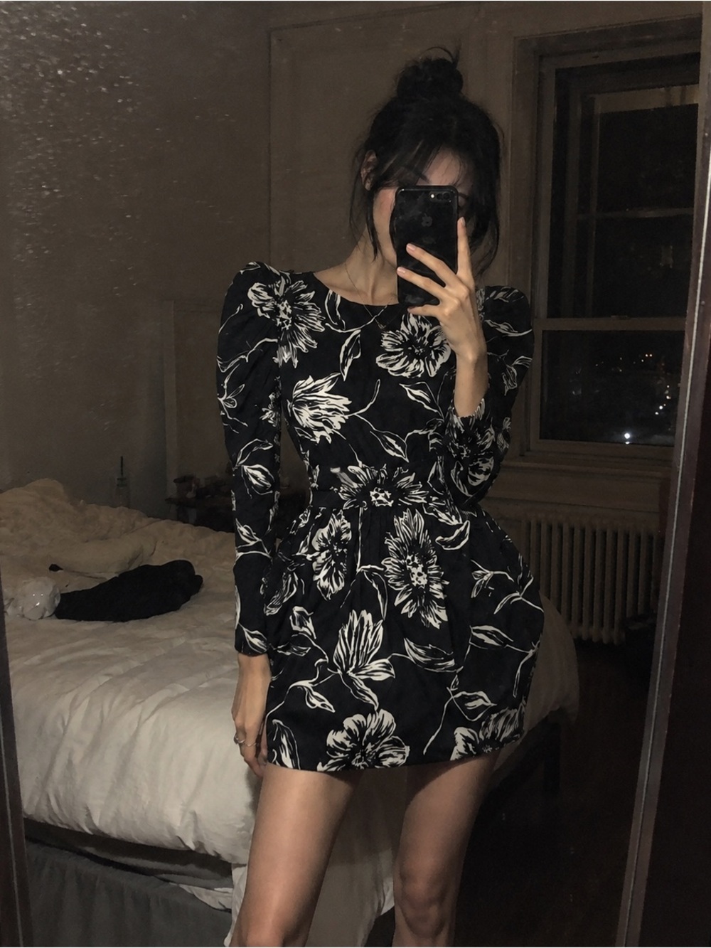 Vintage Korean Floral Puff Sleeve Mini Dress Black White Tulip Skirt Y2K